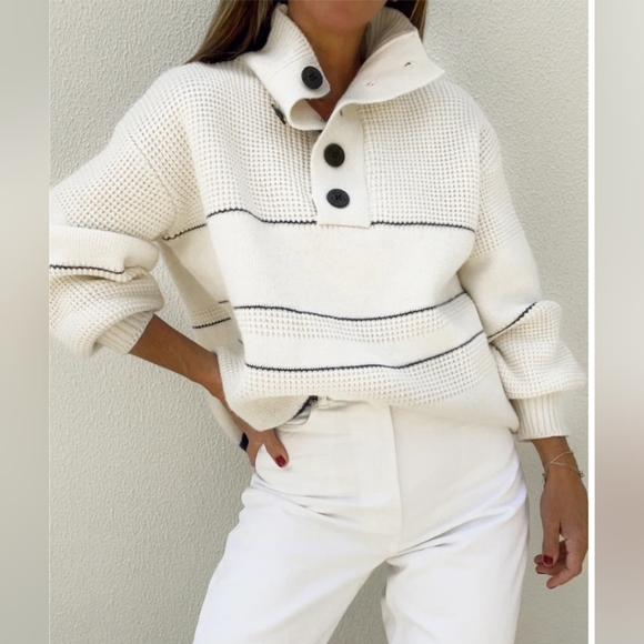 Commense White and Black Striped Cowl Neck Sweater - Picture 1 of 4